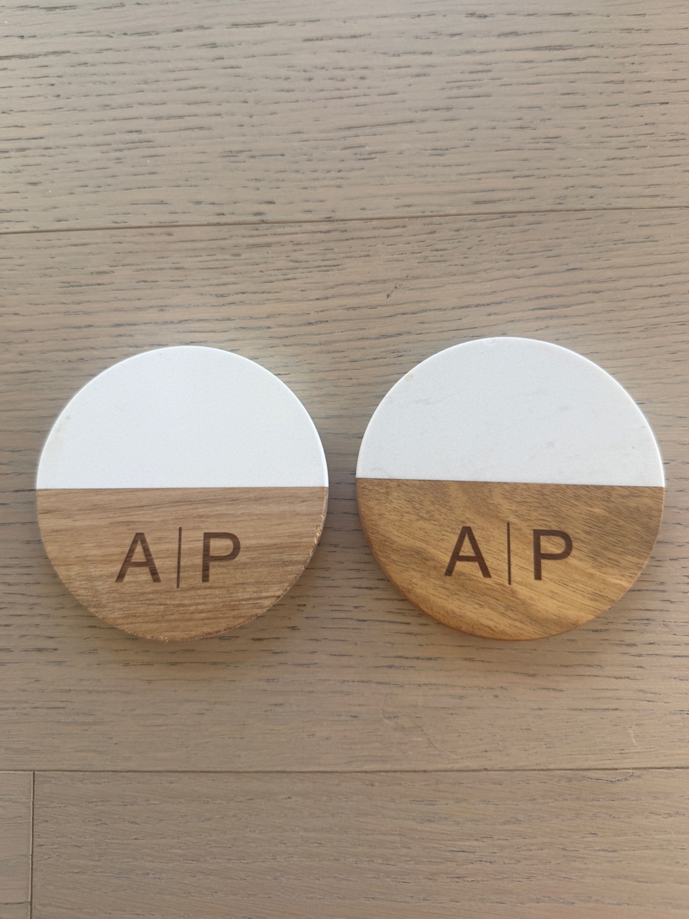 A&P Two-Tone White and Natural Wood Wall Decor Coaster Set